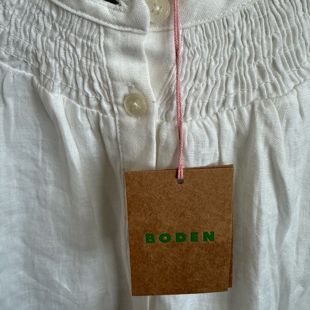 Boden 100% Linen White Puff Sleeve Button Front Top Size us14 uk18